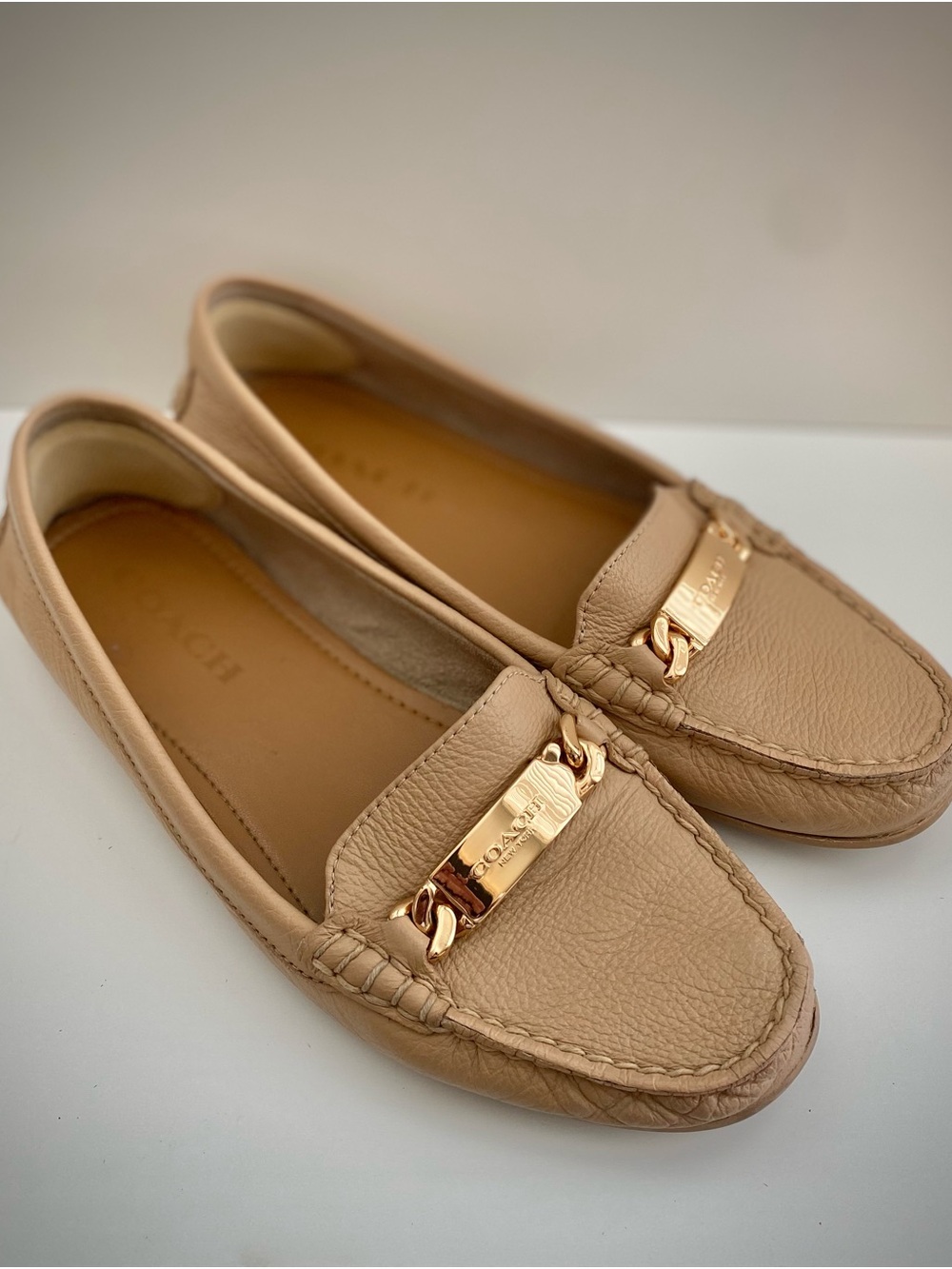 Coach Women's Beige Leather Loafers with Gold Plaque